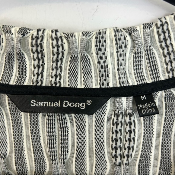 Samuel Dong Black/White Geometric Ruffle Neck Stretch Zip Up Cardigan Jacket M - Picture 6 of 10